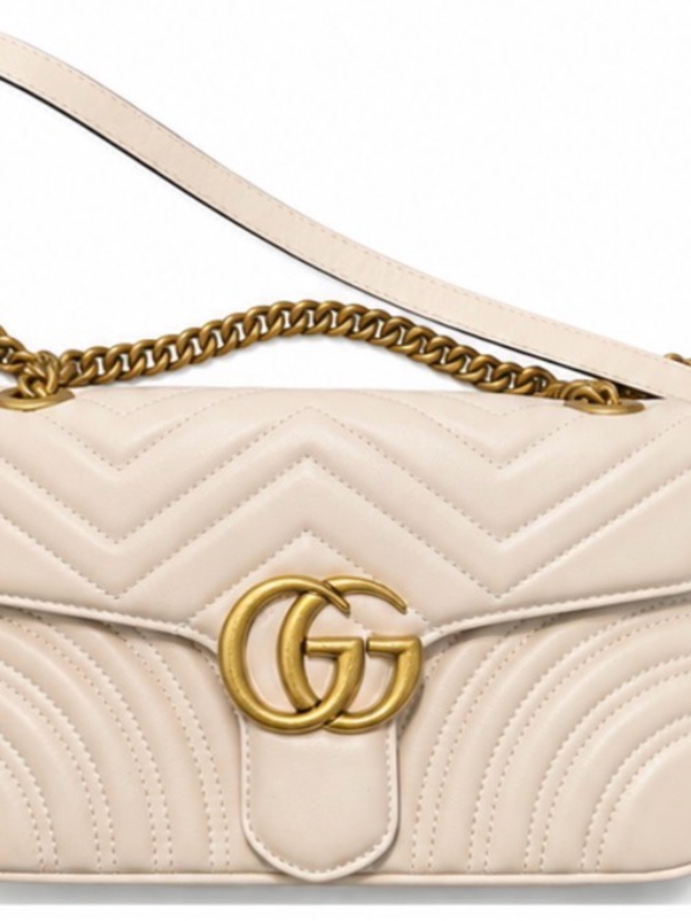 Cream real Leather GG Marmont Quilted Shoulder Bag with Gold Chain